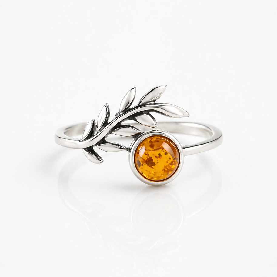 Amber leaf Ring - Sterling Silver