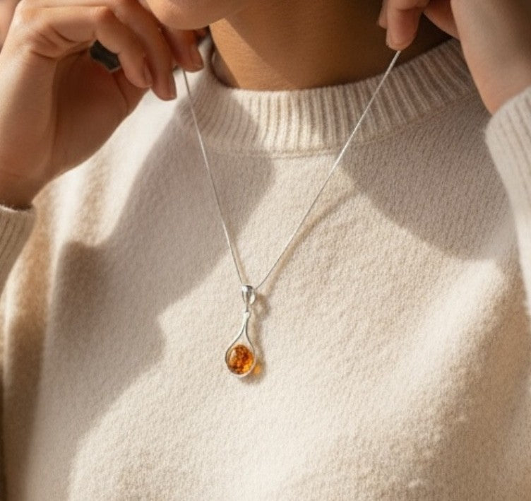 Sterling Silver Amber Teardrop Necklace
