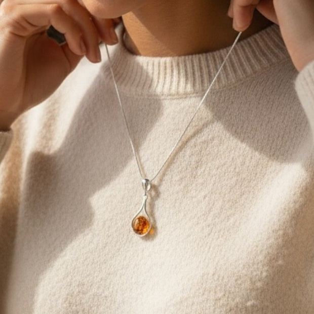 Sterling Silver Amber Teardrop Necklace