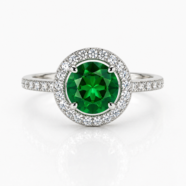 Classic Elegance Emerald Halo Ring - Sterling Silver