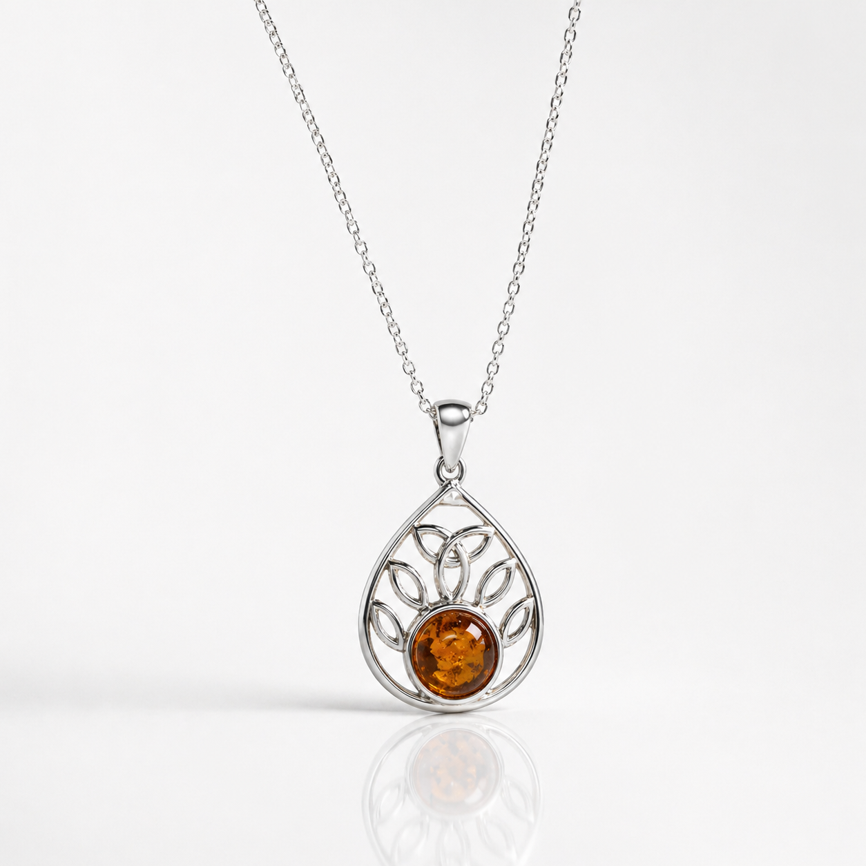 Amber Filigree Sterling Silver Pendant Necklace