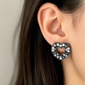 Black Crystal Heart Stud Earrings - Black Ion Plated 316 Stainless steel