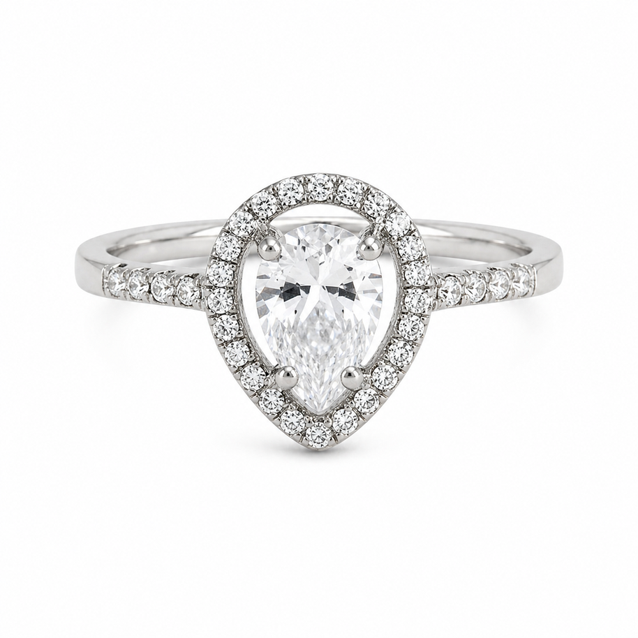 Princess Halo Ring with Pear Shaped CZ - Sterling Silver