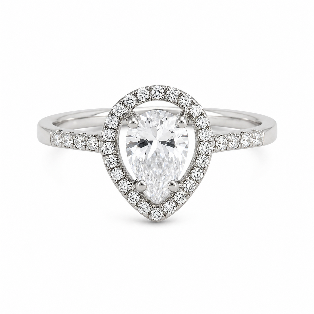 Princess Halo Ring with Pear Shaped CZ - Sterling Silver