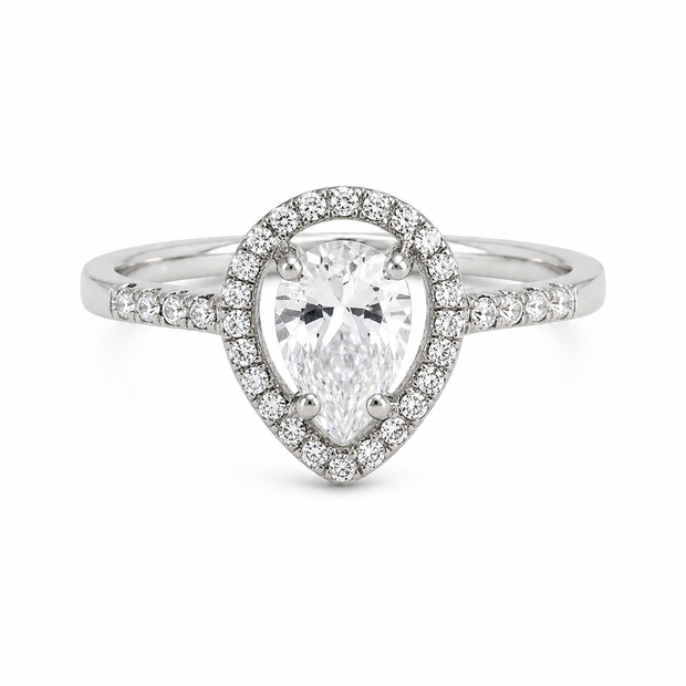 Princess Halo Ring with Pear Shaped CZ - Sterling Silver