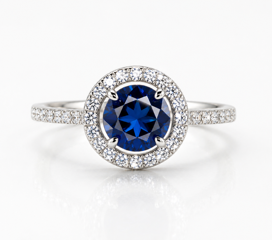 Classic Sapphire Halo Ring - Sterling Silver