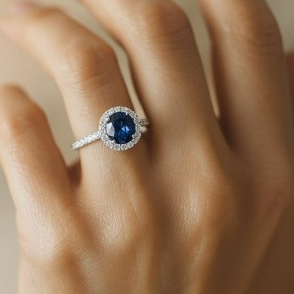 Classic Sapphire Halo Ring - Sterling Silver
