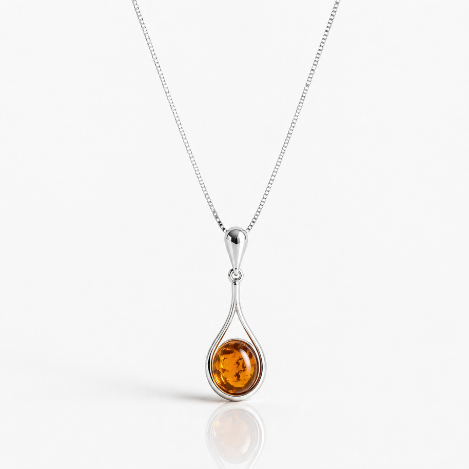 Sterling Silver Amber Teardrop Necklace
